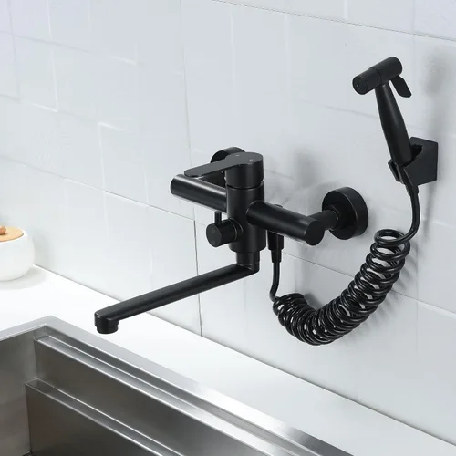 Vista 6 de Grifo de fregadero de cocina para montaje en pared, grifo comercial negro mate con rociador lateral, grifo mezclador de acero inoxidable, grifo
