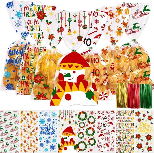 Vista 5 de DULEFUN 160 bolsas de celofán de Navidad, 8 estilos, transparentes para dulces, galletas, golosinas, bolsas de celofán con lazos de torsión