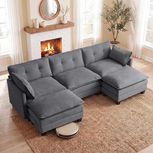 Vista 10 de Amsleekey Sofá Seccional Modular, 111.5" en Forma de U de Pana Cómodo Sofás Seccionales para Sala de Estar, Sofás Nube de 3 Plazas con 2 Otomanas