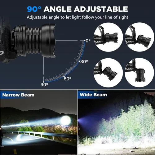Vista 5 de Linterna frontal recargable, 3000 lúmenes, lámpara LED súper brillante con 5 modos de iluminación, recargable por USB, ajustable a 90°, impermeable