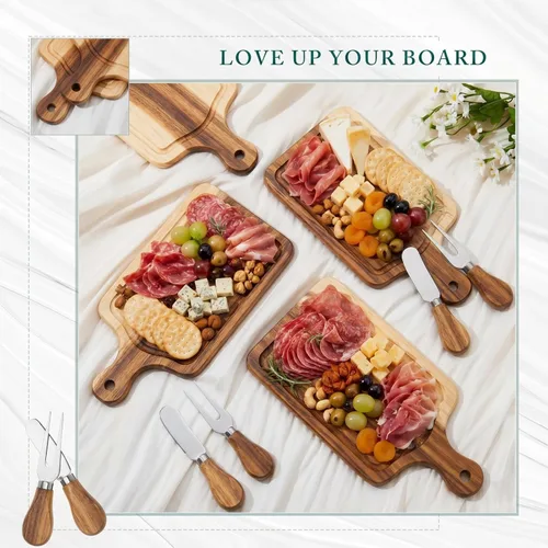 Vista 3 de Ziliny Tabla cuadrada de madera de queso con cuchillo y tenedor, con caja y etiqueta de agradecimiento, para San Valentín, despedida de soltera