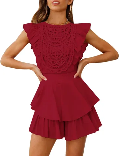 Vista 2 de AIMCOO Enterizo de manga con vuelo y encaje de ganchillo para mujer, vestido con cuello redondo y lazo en la cintura, overoles cortos con volantes