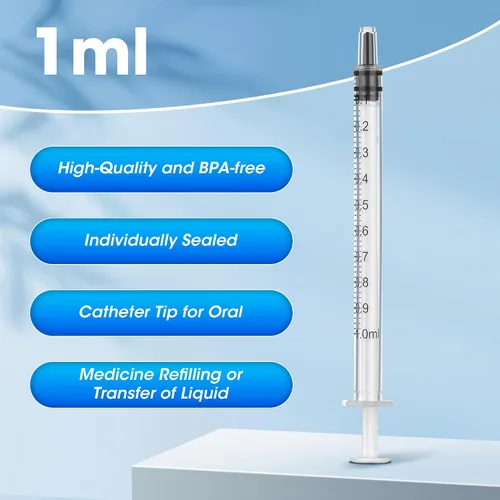 Vista 2 de Paquete de 30 jeringas de 1 ml sin aguja, jeringa con tapa, envuelta individualmente, para líquidos, laboratorios científicos, medición, dispensación