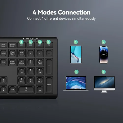 Vista 2 de TECKNET Teclado Bluetooth recargable, conmutación libre de 4 dispositivos (2.4G+BT), teclado inalámbrico ultradelgado de tamaño completo, escritura