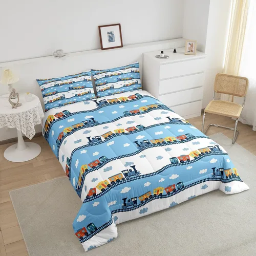 Vista 4 de Erosebridal Juego de edredón de tren de locomotora para niños, tamaño individual, lindo juego de ropa de cama con motor de vapor para niños y niñas