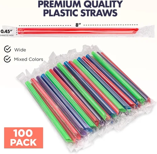 Vista 2 de Fit Meal Prep Paquete de 100 popotes desechables de plástico coloridos para batidos de 8 pulgadas, sin BPA, envueltas individualmente para batidos