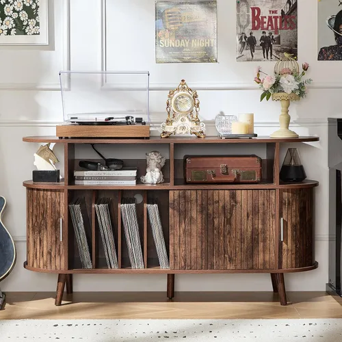 Vista 14 de LELELINKY - Pequeño soporte redondo para tocadiscos con estación de carga y estante de exhibición estriado, gabinete de tocadiscos negro de mediados