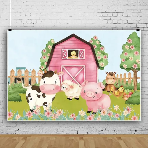 Vista 4 de Fondo de dibujos animados de 5 x 3 pies para fiesta de animales de granja, granero rosa, baby shower, cumpleaños, fotografía, fondo, tierras