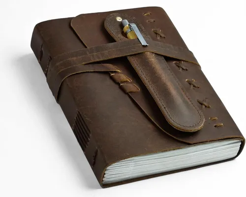 Vista 9 de Cuaderno de cuero para hombres y mujeres, diario vintage encuadernado en cuero, cuaderno de viaje con 290 páginas de papel rayado, diario