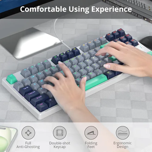 Vista 4 de Teclado mecánico 75% para juegos con interruptor rojo, retroiluminación LED RGB, teclado de computadora con cable TKL de 87 teclas para Windows