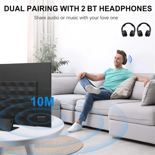 Vista 3 de Transmisor Bluetooth V5.2 para TV, transmisor de audio inalámbrico de doble par compatible con auriculares Airpods, altavoz, adaptador Bluetooth