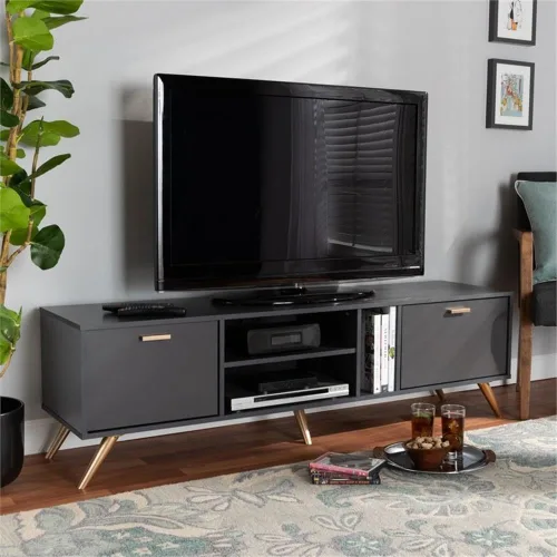 Vista 8 de Baxton Studio Kelson - Soporte para TV, color gris oscuro/dorado