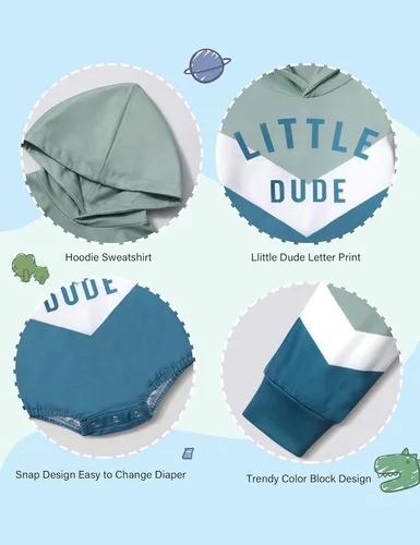 Vista 6 de Ropa para bebé niño, bloque de color, sudadera con capucha de gran tamaño, mameluco, pantalones largos, conjunto de trajes de otoño e invierno