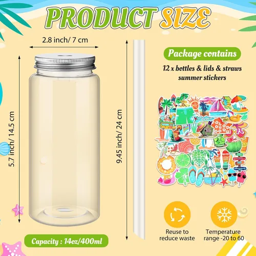 Vista 2 de Jingmore 12 botellas de plástico de 14 onzas con tapas para pajitas, vasos transparentes y reutilizables y calcomanías de verano para agua, té