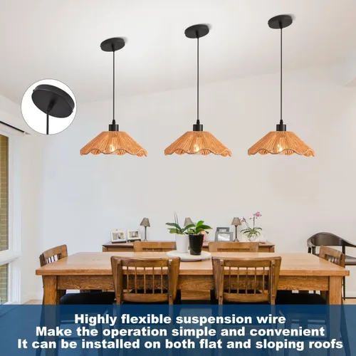 Vista 5 de 3 Pack Brown Woven Pendant Light Fixtures,11.81" Rattan Pendant Lights Farmhouse Basket Light Fixture Adjustable Boho Hanging Lamp for Kitchen