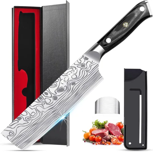 Vista 11 de MOSFiATA - Cuchillo de chef de 10 pulgadas súper afilado, cuchillo de cocina profesional con protector de dedos en caja de regalo, cuchillo