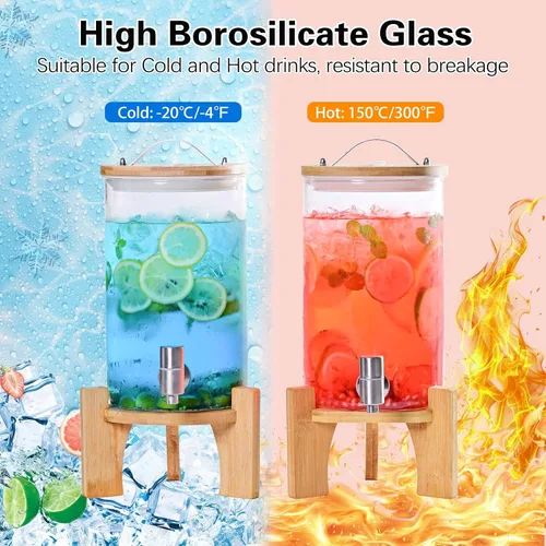 Vista 6 de Dispensador de bebidas de vidrio grande de 1.2 galones para fiestas, dispensador de bebidas con soporte de madera de bambú y grifo de acero