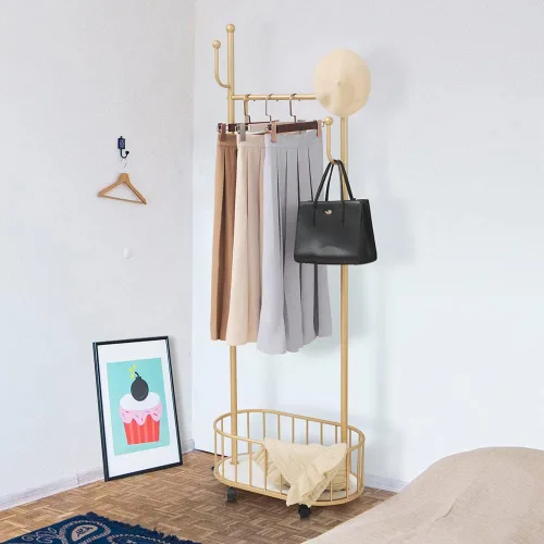 Vista 5 de Perchero de Ropa Dorado con Ruedas Perchero Rodante con Cesta de Almacenamiento Perchero de Abrigos de Metal Móvil Soporte Perchero Moderno