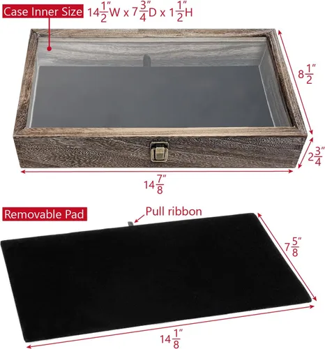 Vista 2 de MOOCA Vitrina de madera con tapa de cristal, vitrina de cuchillo de bolsillo con almohadilla de exhibición de joyería de terciopelo MDF de lujo