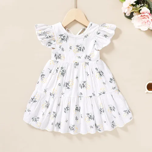Vista 2 de Vestido bohemio de lino para niña pequeña, vestido casual sin mangas con volantes y estampado floral liso para verano y playa