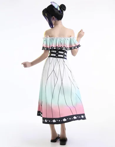 Vista 5 de Haikyuu Vestido de cosplay de anime para mujer, vestido de playa con volantes de mariposa y hombros descubiertos, lazo largo, acampanado, casual