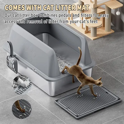 Vista 4 de Caja de arena de acero inoxidable, caja de arena grande para gatos con alfombrilla de arena para gatos, 23.62 pulgadas de largo x 15.75 pulgadas