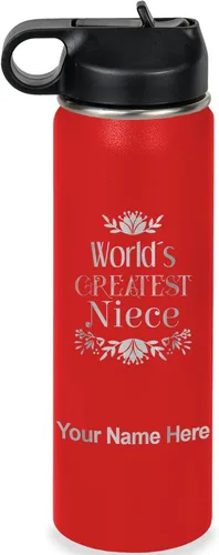 Vista 30 de LaserGram Botella de agua con tapa abatible de doble pared de 12 onzas con pajilla, sobrina más grande del mundo, grabado personalizado incluido