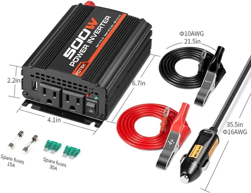 Vista 2 de POTEK - Inversor de corriente de 500W, Inversor de coche, DC 12V a AC 110V, puerto de carga de AC dual y puertos USB de 2Amp para computadora
