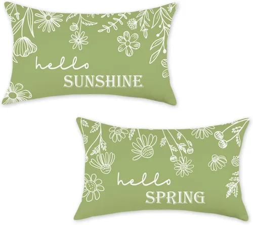 Vista 8 de ONWAY Juego de 2 fundas de almohada primaverales de 18 x 18 pulgadas, decoración floral de Hello Spring, para exteriores, patio, funda de cojín
