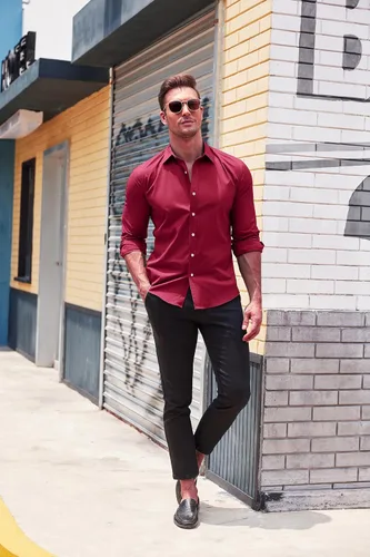 Vista 3 de COOFANDY Camisa de vestir con ajuste muscular para hombre, sin arrugas, manga larga, con botones