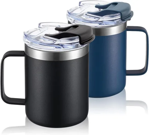 Vista 20 de Taza de café aislada de 12 onzas con asa, taza de café de viaje de acero inoxidable con tapa abatible, vaso de café de doble pared con aislamiento