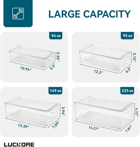 Vista 2 de Luckore - Juego de 4 contenedores organizadores para refrigerador, organizadores transparentes y almacenamiento, apilables con tapas, contenedores