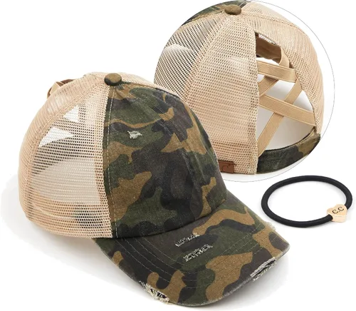 Vista 23 de C.C Gorra de béisbol de malla con diseño de estrella brillante, gorra de camionero ajustable para moño o cola de caballo Una banda elástica-negro
