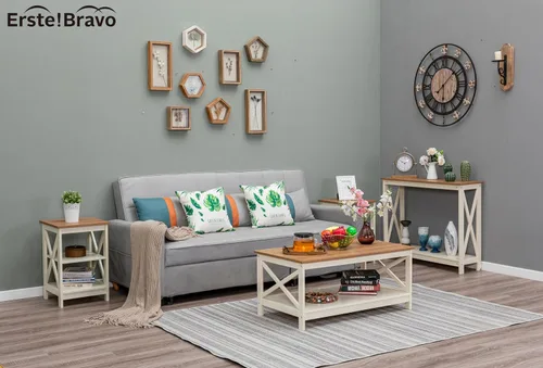 Vista 7 de Mesa de centro de granja con almacenamiento, mesa central cuadrada moderna con estante para sala de estar, mesa de cóctel de aspecto de madera