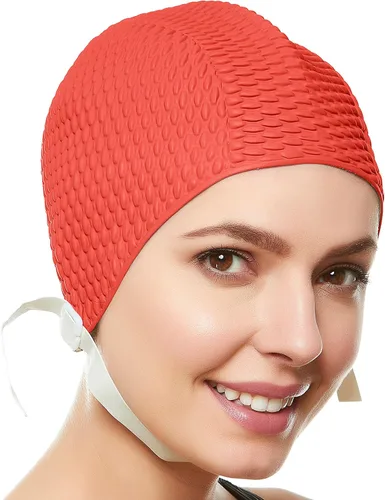 Vista 4 de BEEMO Gorro de natación para mujer, correa de barbilla, crepé, látex, largo, corto, gorras de natación
