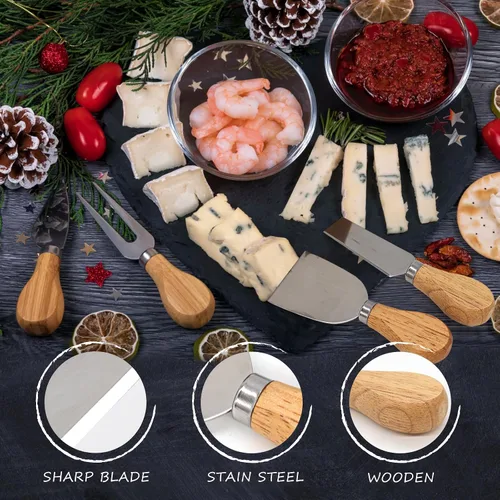 Vista 5 de Juego de cuchillos de queso para embutidos – 4 cuchillos de queso pequeños de acero inoxidable y tenedor con soporte magnético de madera de acacia
