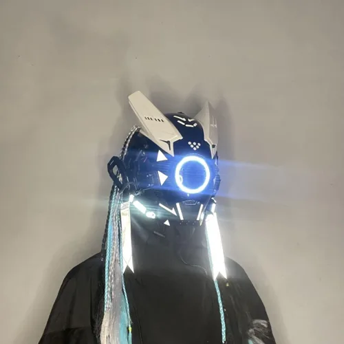 Vista 4 de LIGUOGUO Máscara punk brillante con luces LED máscara Cyberpunk para cosplay máscara negra Cyberpunk con trenzas máscara de tecnología futurista