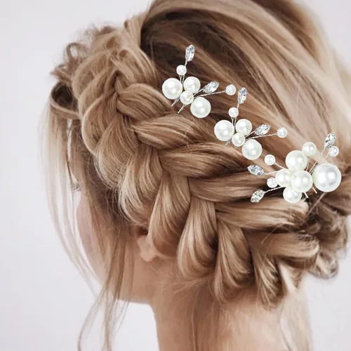 Vista 3 de Pinza para el cabello, 4 horquillas de perlas para el cabello, plateadas, para mujeres y niñas, accesorios para el cabello de boda