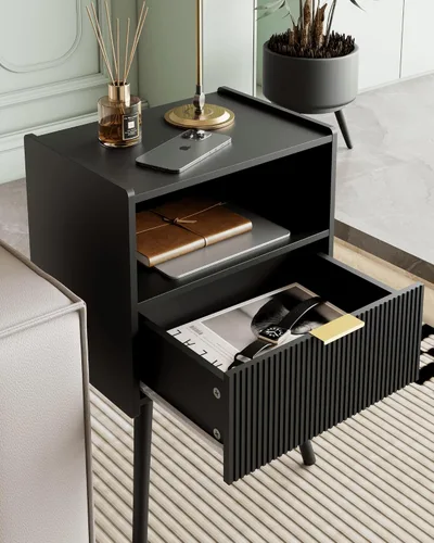 Vista 4 de Veegle Mesita de noche, moderna mesita de noche con cajón de almacenamiento y estante de madera abierta, mesita de noche decorativa con patas