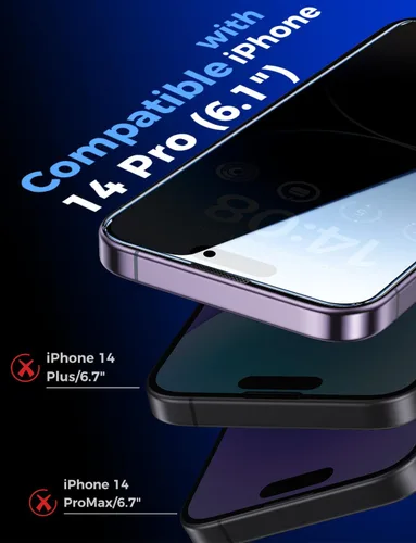 Vista 3 de MAGIC JOHN Paquete de 2 protectores de pantalla de privacidad para iPhone 14 Pro de 6.1 pulgadas (no máximo), vidrio templado, instalación