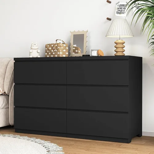 Vista 7 de Cómoda negra de 6 cajones para dormitorio, cómoda de cajones profundos moderna con diseño sin tirador, cómoda de almacenamiento con cajones, mueble