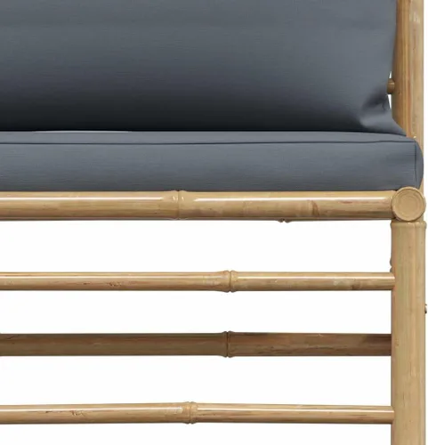 Vista 7 de vidaXL Juego de sala de patio de 3 piezas con elegantes cojines gris oscuro, muebles de exterior de bambú, sofá medio, reposapiés, mesa auxiliar