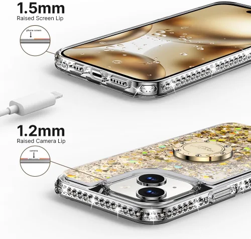 Vista 3 de Silverback - Funda para iPhone 13 con soporte de anillo, color dorado transparente Moving Liquid Holographic Sparkle Glitter, Kickstand, Bling
