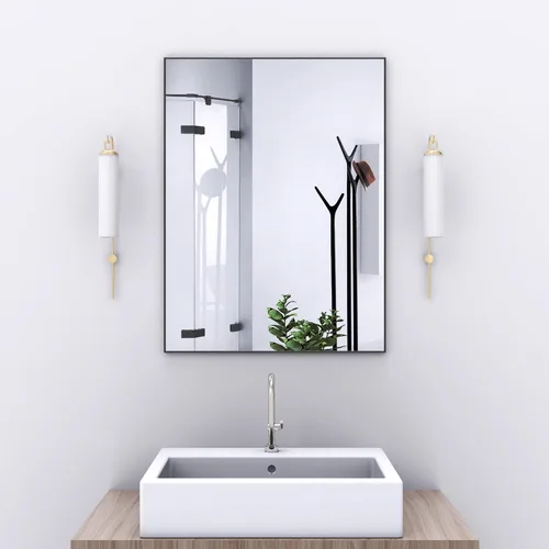 Vista 22 de Espejo de pared con estante para baño, 28 x 18 pulgadas, marco negro, espejos de pared para colgar horizontal o vertical, espejos modernos de pared