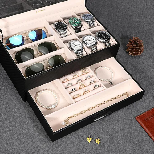 Vista 2 de LANDICI Caja de reloj para hombres y mujeres, 2 capas de piel sintética, organizador de relojes, caja de almacenamiento grande, organizador