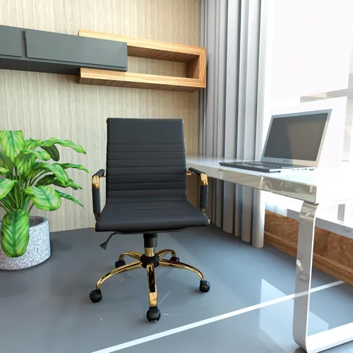 Vista 2 de LeisureMod Harris Silla de oficina con almohadilla suave, silla ejecutiva de piel sintética con base de acero dorado, altura ajustable, bloqueo