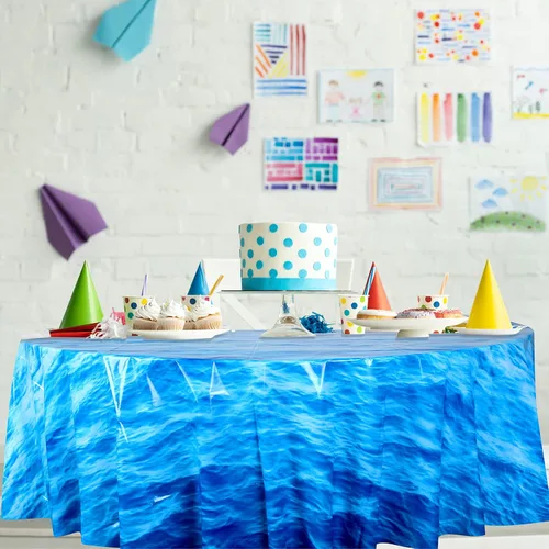 Vista 7 de Oudain Mantel redondo de plástico de 84 pulgadas con diseño de olas oceánicas, cubierta redonda para mesa de picnic con temática de océano azul