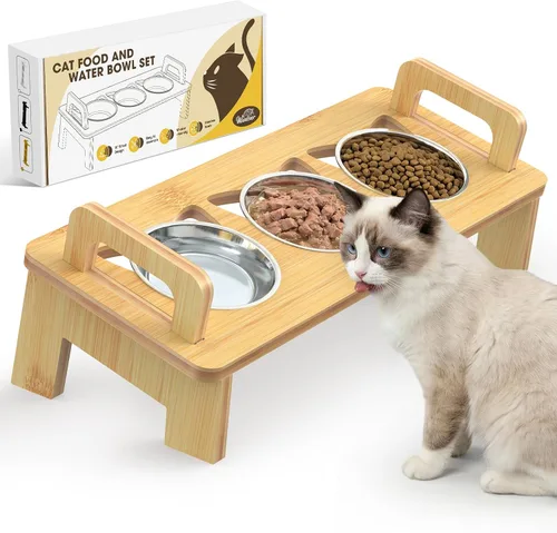 Vista 8 de Tazón Elevado de Bambú para Comida de Gatos, 3 Cuencos Elevados de Acero Inoxidable para Gatos con Soporte, Cuenco Inclinado 15° para Perros