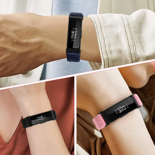 Vista 4 de Correa elástica para reloj, compatible con Fitbit Inspire 3/2/HR/Ace 2/3, correas de repuesto de nailon suave para mujeres y hombres negro+verde