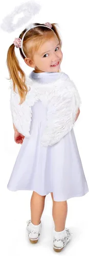 Vista 5 de Juego de 3 disfraces de ángel para niños y niñas, vestido de hada, alas de plumas de ángel y halo para fiesta de cumpleaños de Halloween, Blanco
